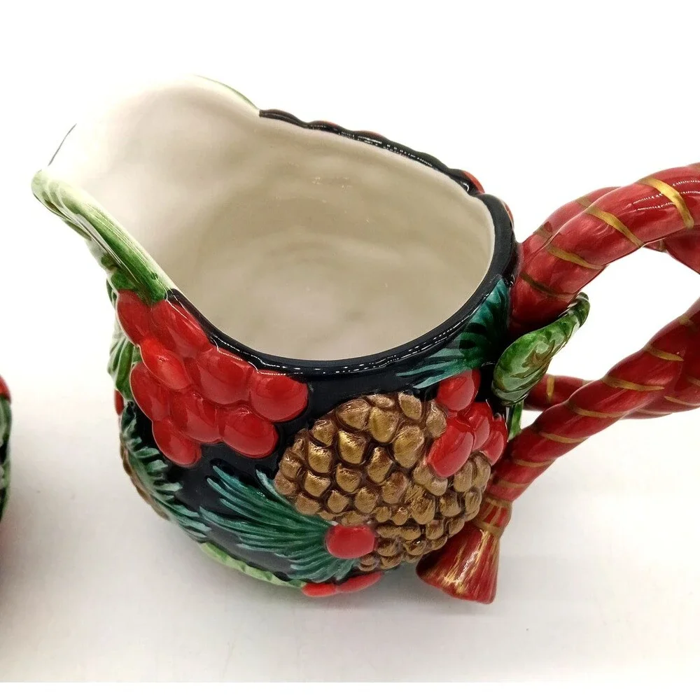 Vintage Fitz & Floyd Classics Holiday Pine Ceramic Creamer & Covered Sugar Bowl